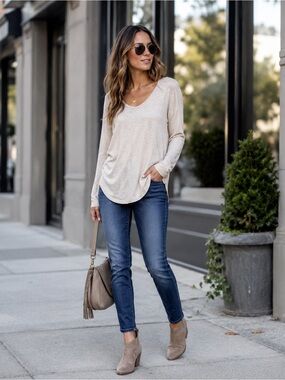 NWT Old Navy Beige Luxe Long-Sleeve Voop-Neck Tunic T-Shirt Sz S
